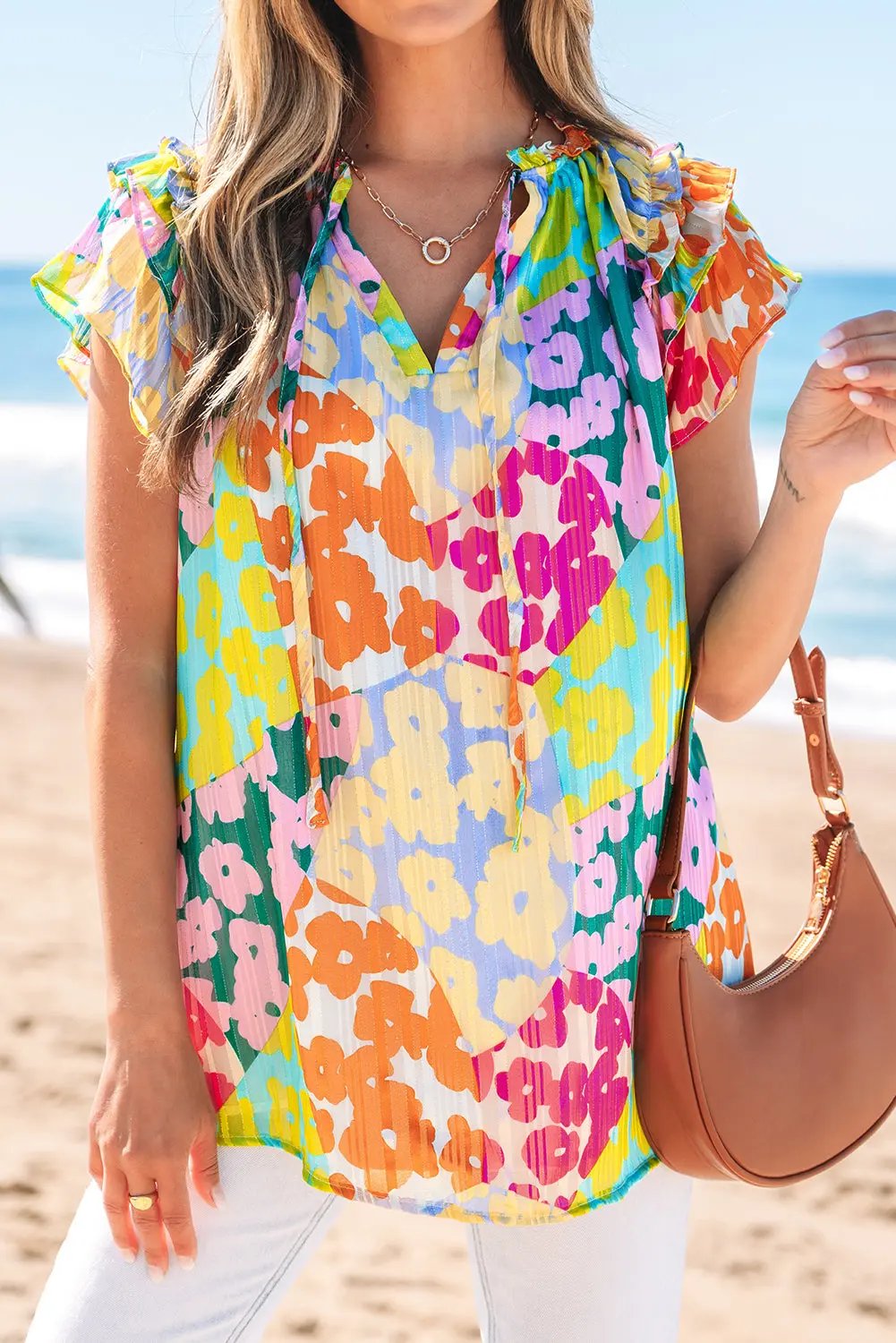 Multicolour Leopard Flutter Sleeve V Neck Crinkled Blouse - Love Salve